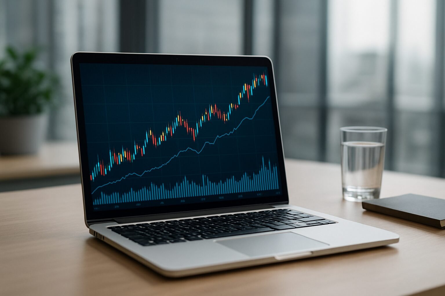 Laptop displaying data analytics graph with growth trend